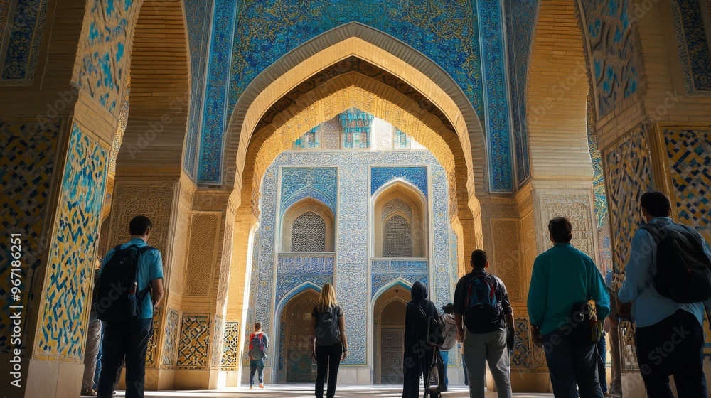 A group of tourists exploring the inside of an Islamic mosque with detailed tile work and arches. A group of tourists exploring the inside of an Islamic mosque with detailed tile work and arches.