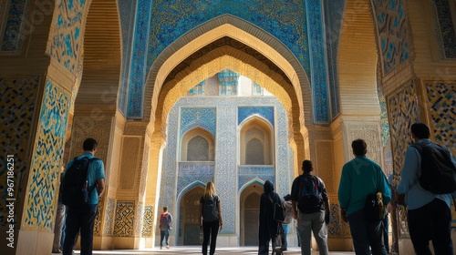 A group of tourists exploring the inside of an Islamic mosque with detailed tile work and arches.