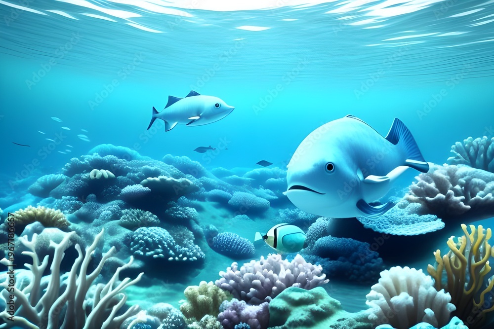 Fototapeta premium Colorful Underwater Coral Reef on a White Background