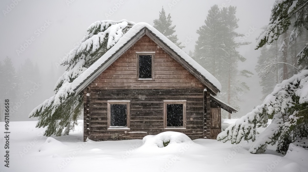 Old wooden cabin nestled in snowy mountain landscape, overlooking a winter wonderland Old wooden cabin nestled in snowy mountain landscape, overlooking a winter wonderland