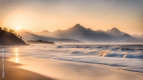 A beautiful sunset over the ocean with mountains in the background