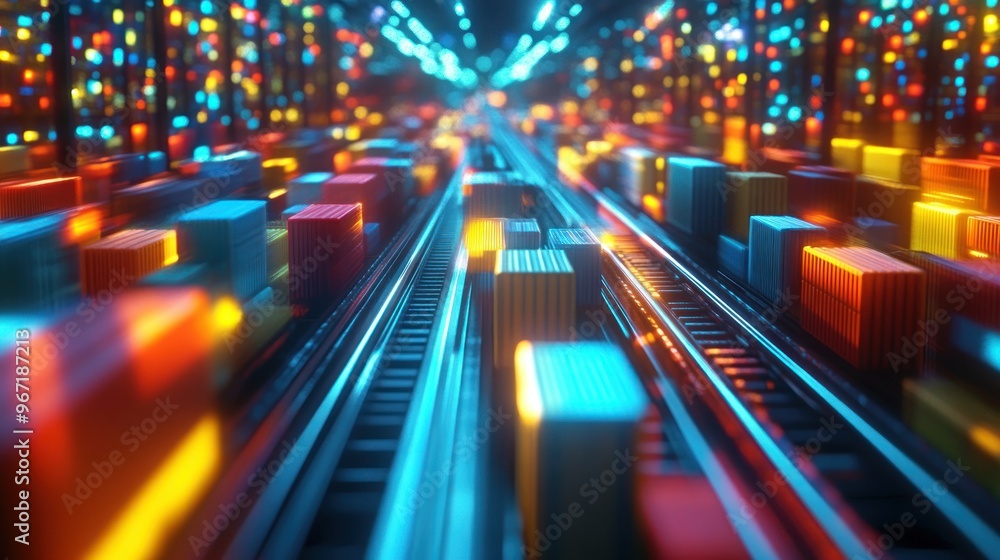Abstract Digital Cityscape with Glowing Containers and Tracks Abstract Digital Cityscape with Glowing Containers and Tracks