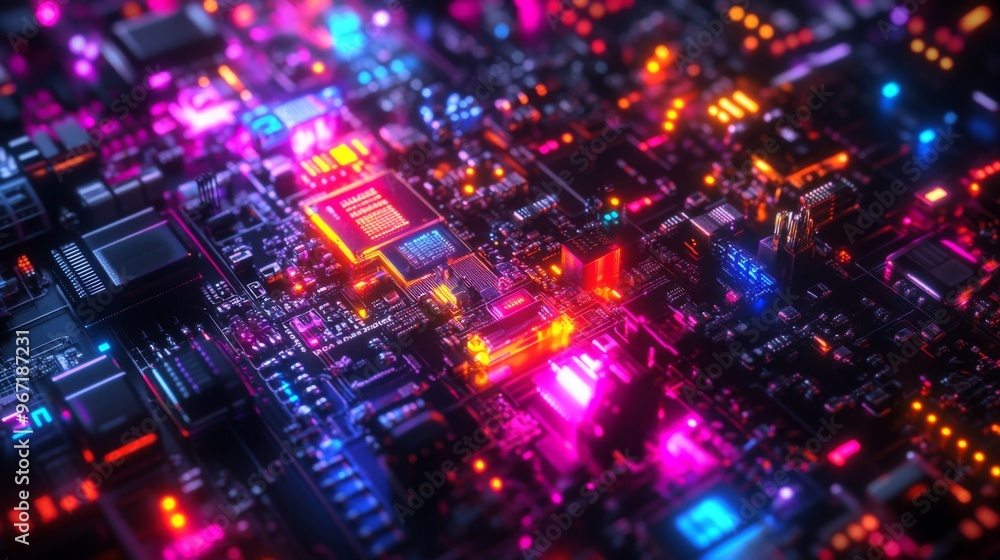 Abstract close-up of a circuit board with glowing neon lights. Abstract close-up of a circuit board with glowing neon lights.