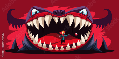 Gigantic Vampire Fangs Dripping with Blood, Spooky Scene with Characters Dodging and Using Fangs