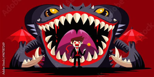 Gigantic Vampire Fangs Dripping with Blood, Spooky Scene with Characters Dodging and Using Fangs