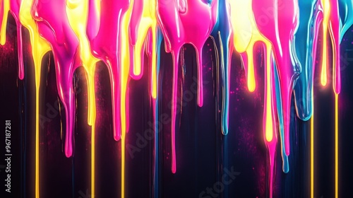 Colorful drips of neon paint create an abstract pattern, blending and melting into one another with a striking dark backdrop