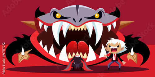 Gigantic Vampire Fangs Dripping with Blood, Spooky Scene with Characters Dodging and Using Fangs