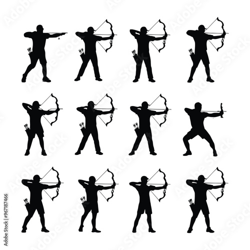 Set of Archer vector silhouette symbol illustration isolated on white background. Traditional hunter in hunting. Sportsman holds the bow and arrow.