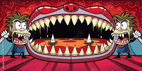 Gigantic Vampire Fangs Dripping with Blood, Spooky Scene with Characters Dodging and Using Fangs