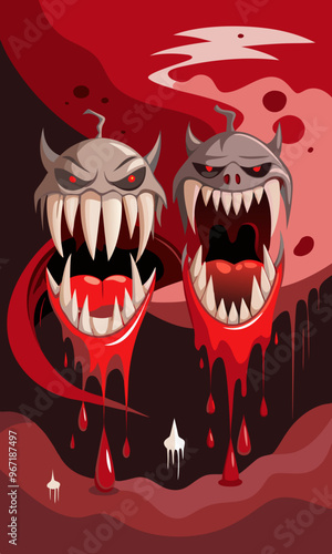 Gigantic Vampire Fangs Dripping with Blood, Spooky Scene with Characters Dodging and Using Fangs
