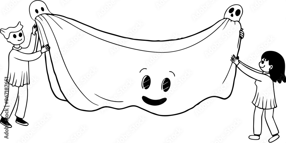 Obraz premium Spooky Minimalist Line Art Of Giant Ghost Sheet with Hiding People 