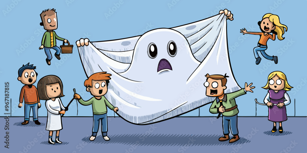 Naklejka premium Giant Ghost Sheet with People Hiding and Decorating in a Spooky Scene 