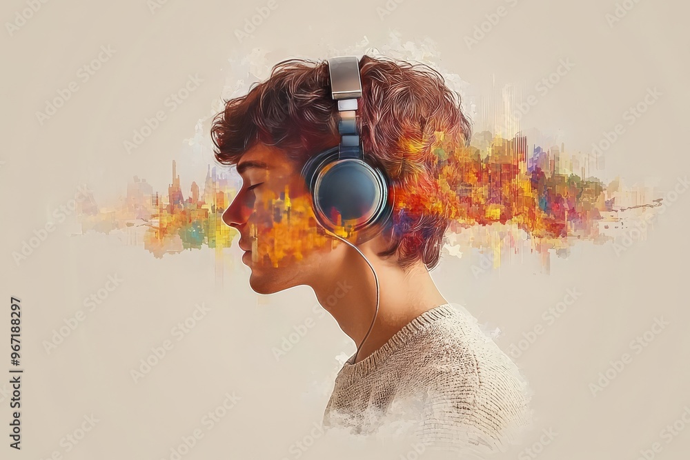 Obraz premium Cognitive processing subconscious cyber brain holographic and neural tension profile of a man with fiery hair symbolizing power transformation and passion