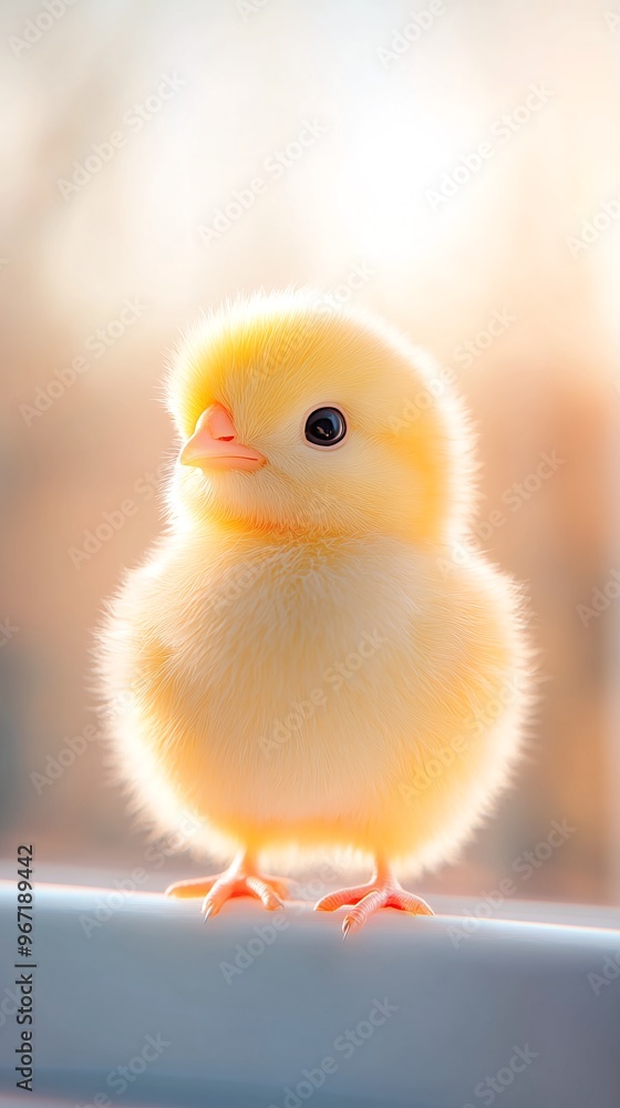 Adorable Yellow Chick Sitting on a Sunlit Window Sill at Sunrise Adorable Yellow Chick Sitting on a Sunlit Window Sill at Sunrise
