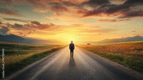 A man is walking down a road at sunset