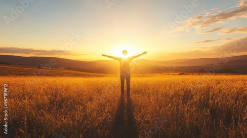 A man stands in a field of tall grass, with the sun shining brightly on him
