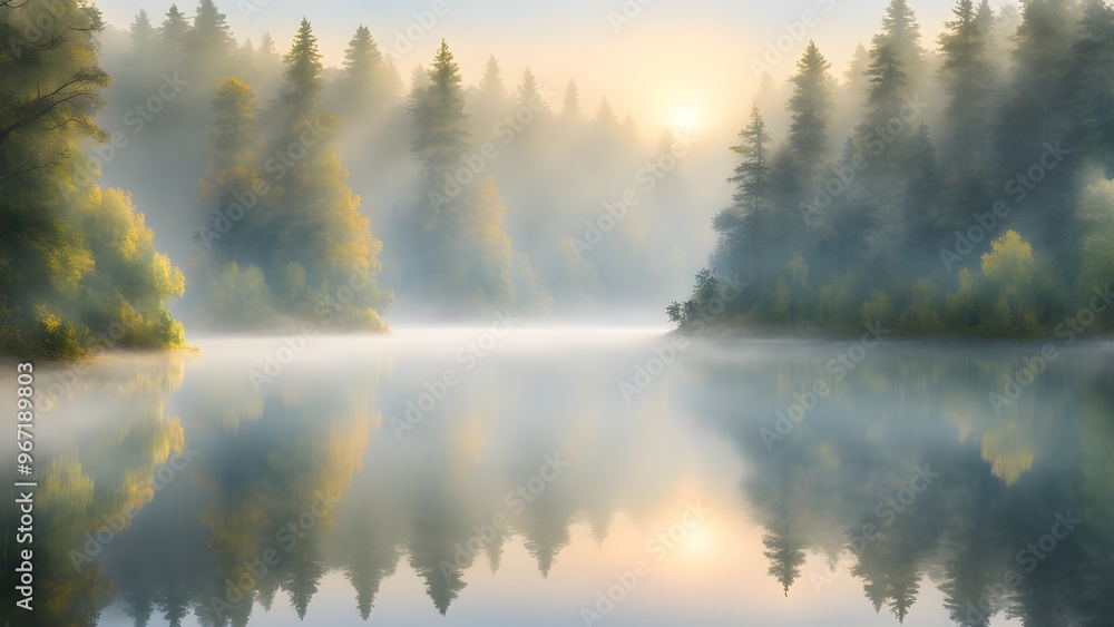 Fototapeta premium A misty forest with a lake in the background