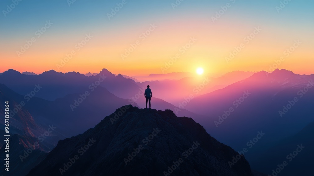 A man stands on a mountain top, looking out at the beautiful sunset A man stands on a mountain top, looking out at the beautiful sunset