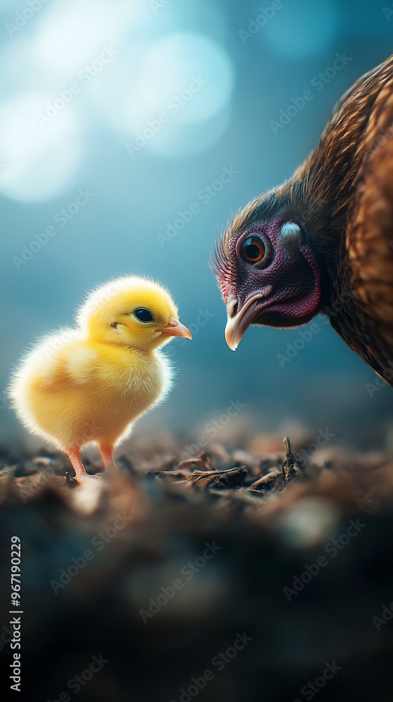 Obraz premium Tender Moment Between Mother Hen and Cute Yellow Chick Outdoors