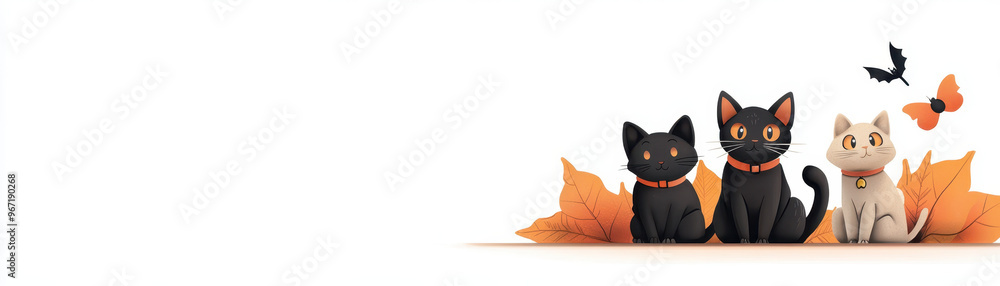 Cute black cats and light colored cat sit among autumn leaves, embodying Halloween spirit with playful elements like bats and butterflies Cute black cats and light colored cat sit among autumn leaves, embodying Halloween spirit with playful elements like bats and butterflies