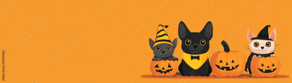 Cute pets in Halloween costumes, including dog and cat, surrounded by pumpkins on vibrant orange background. Perfect for festive celebrations! Cute pets in Halloween costumes, including dog and cat, surrounded by pumpkins on vibrant orange background. Perfect for festive celebrations!
