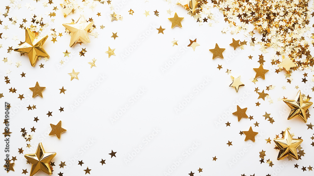 A frame of confetti in the form of golden stars on a light background. Holiday Concept A frame of confetti in the form of golden stars on a light background. Holiday Concept