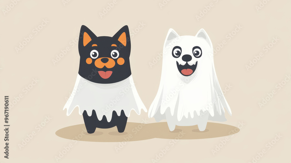 Cute pets dressed in ghost themed Halloween costumes, featuring black dog and white dog, both with playful expressions. Perfect for Halloween festivities! Cute pets dressed in ghost themed Halloween costumes, featuring black dog and white dog, both with playful expressions. Perfect for Halloween festivities!