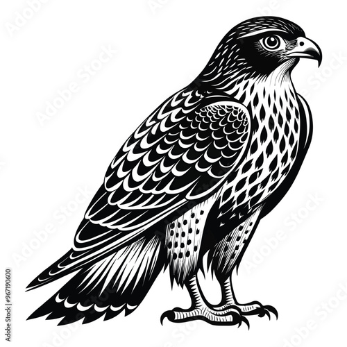 A drawing of a hawk  silhouette
 with a black and white background