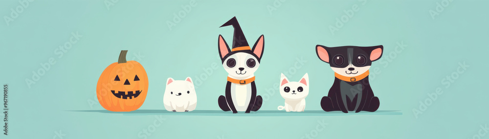 Cute animals in Halloween costumes, including pumpkin, create festive and playful atmosphere. scene features dog and several cats, all dressed up for occasion Cute animals in Halloween costumes, including pumpkin, create festive and playful atmosphere. scene features dog and several cats, all dressed up for occasion