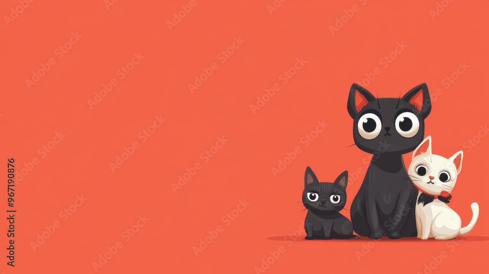 Cute cartoon pets featuring black cat, larger black cat, and white cat against vibrant orange background, perfect for Halloween themes and pet lovers Cute cartoon pets featuring black cat, larger black cat, and white cat against vibrant orange background, perfect for Halloween themes and pet lovers