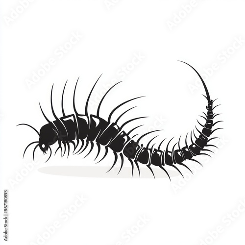 Black and white illustration of a centipede with many legs.