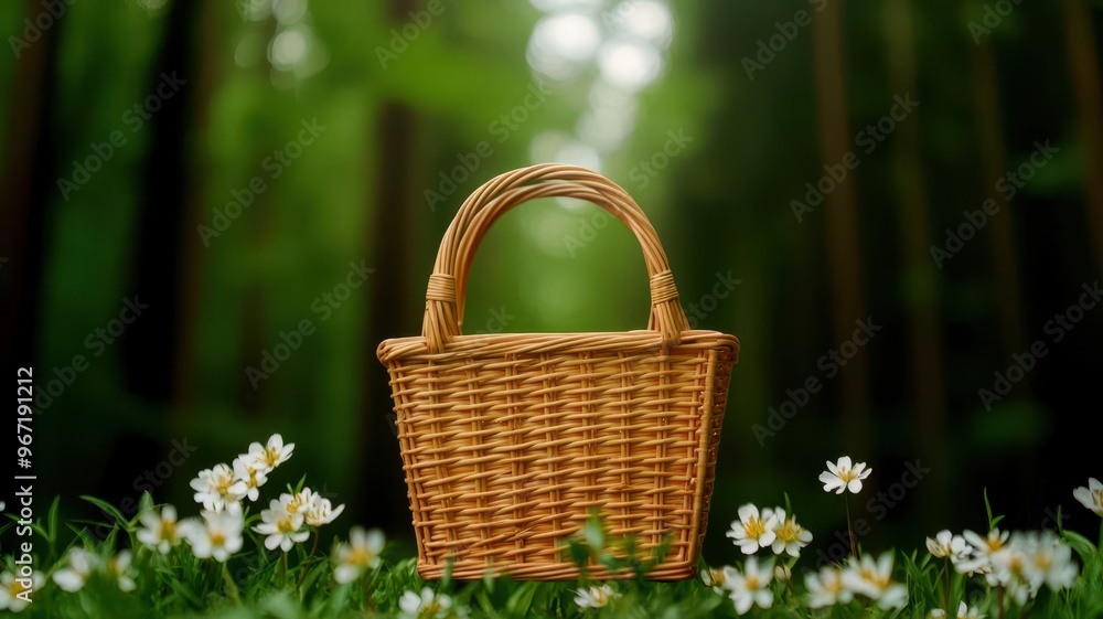 Shopping basket icon among wild forest flowers, creating a calm, nature-themed checkout banner Shopping basket icon among wild forest flowers, creating a calm, nature-themed checkout banner