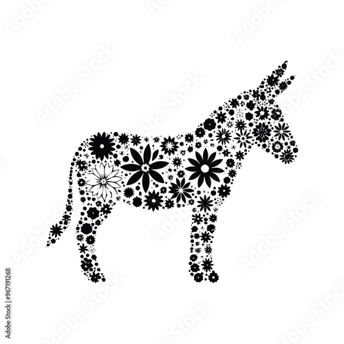 Donkey made by simple flower drawing, black and white animal illustration