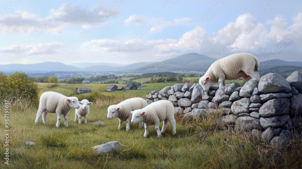 Fototapeta premium Lambs Grazing Near a Rustic Stone Wall, Discuss the traditional scene of lambs grazing peacefully near an old stone wall in the countryside.