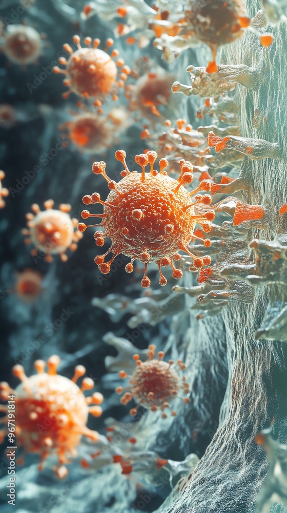 Fototapeta premium Detailed microscopic view of virus particles in a fluid environment, showcasing vibrant colors and intricate structures.