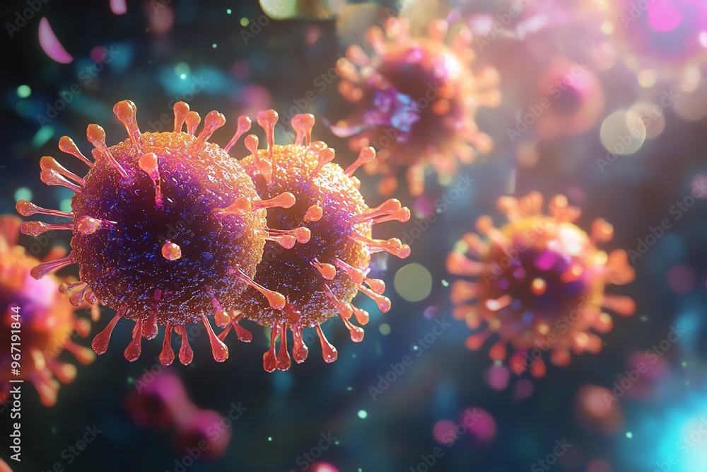 Close-up view of colorful virus particles under a microscope, showcasing intricate details and vibrant colors in a scientific environment. Close-up view of colorful virus particles under a microscope, showcasing intricate details and vibrant colors in a scientific environment.