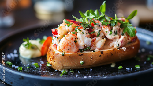 A luxurious lobster roll with tender lobster meat, buttery sauce, and fresh herbs, presented in an upscale seafood restaurant photo