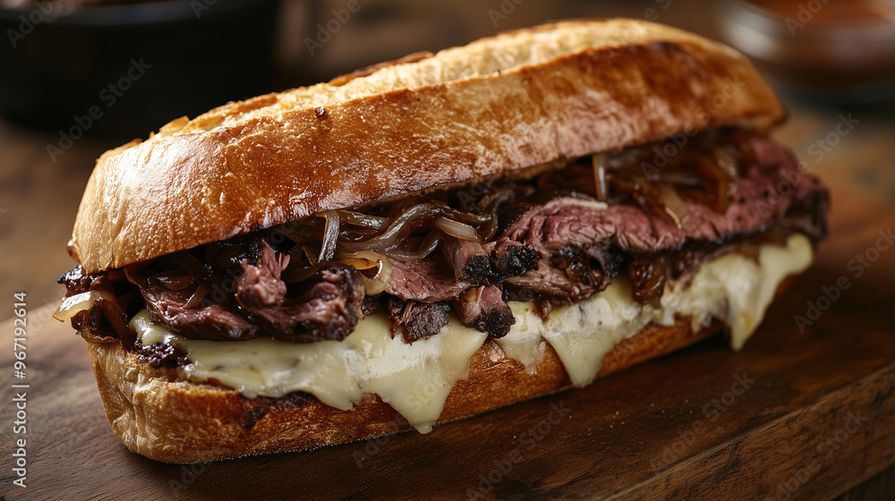 A rustic, hearty sandwich with layers of roast beef, caramelized onions, and melted cheese on a crusty baguette A rustic, hearty sandwich with layers of roast beef, caramelized onions, and melted cheese on a crusty baguette
