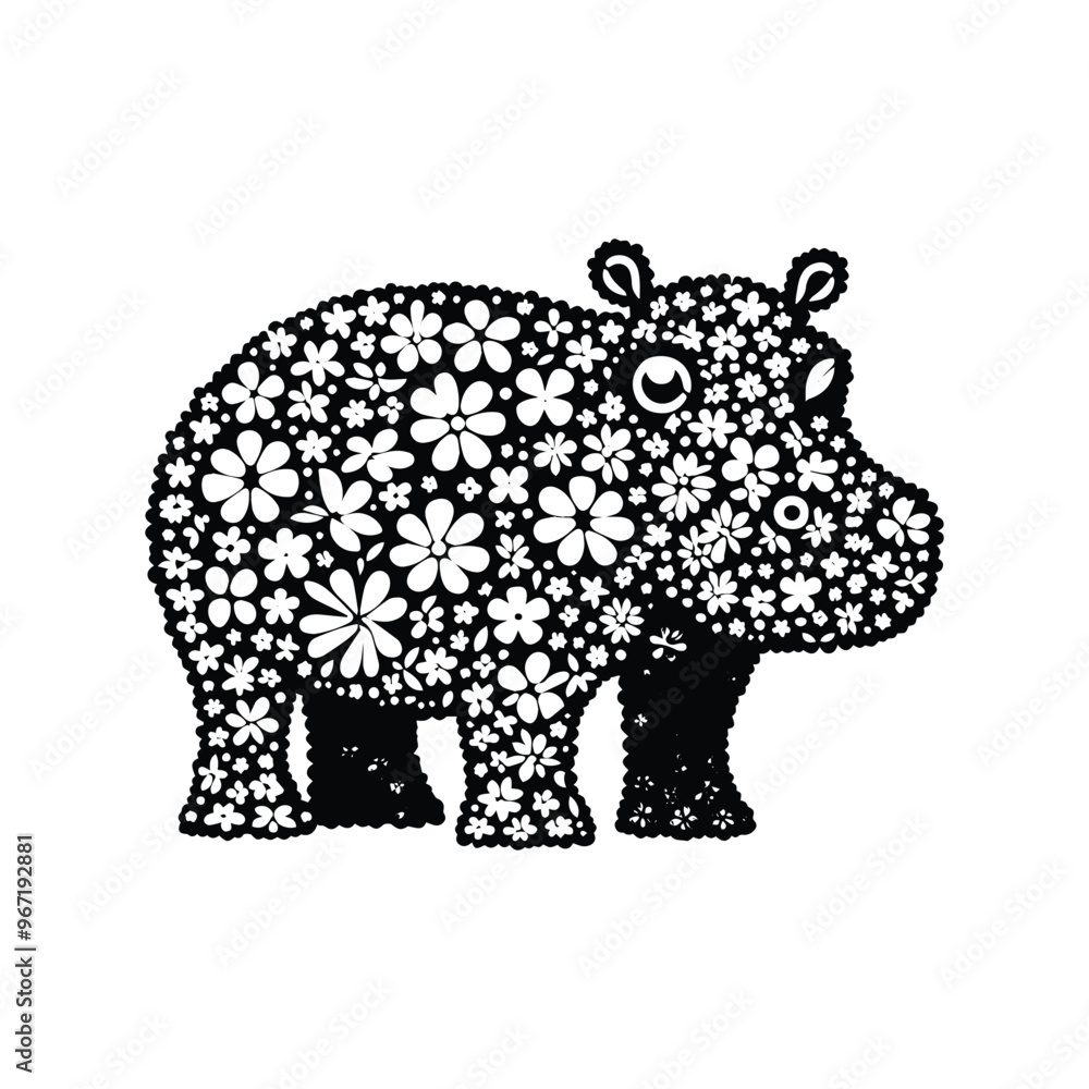 Obraz premium Hippo made by simple flower drawing, black and white animal illustration
