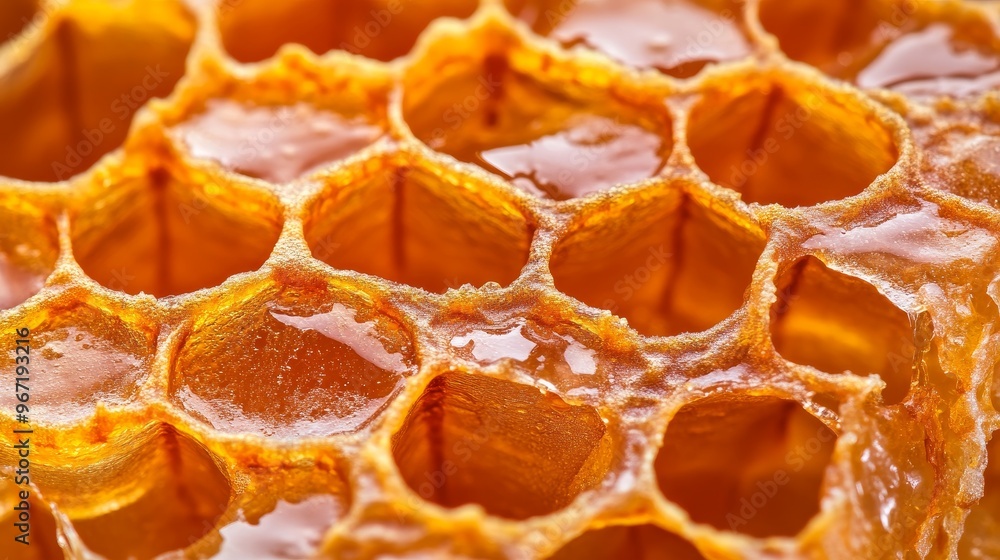 Close-up of honeycomb showcasing its hexagonal structure filled with golden honey. Close-up of honeycomb showcasing its hexagonal structure filled with golden honey.