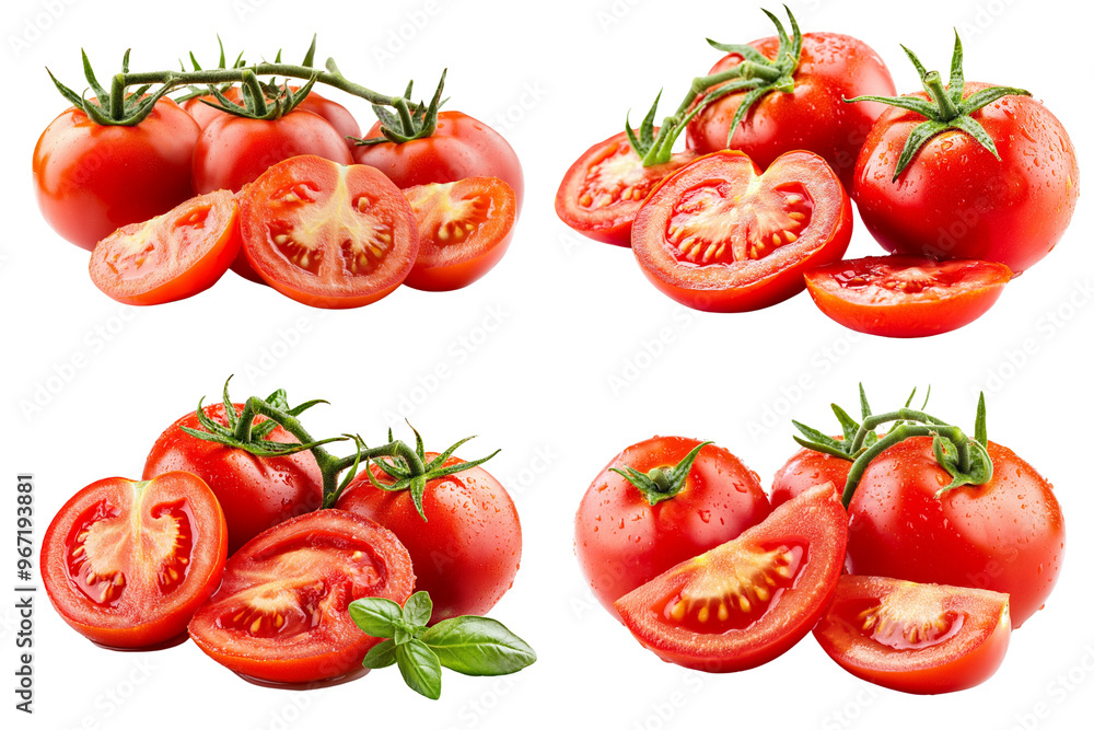 Set of ripe tomatoes with slices isolated on white background. Set of ripe tomatoes with slices isolated on white background.
