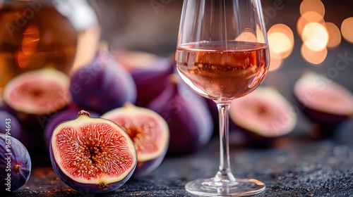 A glass filled with rosé wine sits beside freshly cut figs on a rustic table, illuminated by warm, soft light that enhances the inviting atmosphere. photo