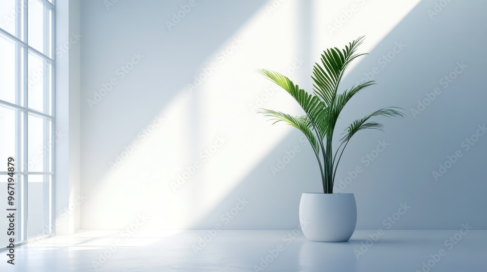 A Single Palm Tree in a White Room with a Window A Single Palm Tree in a White Room with a Window