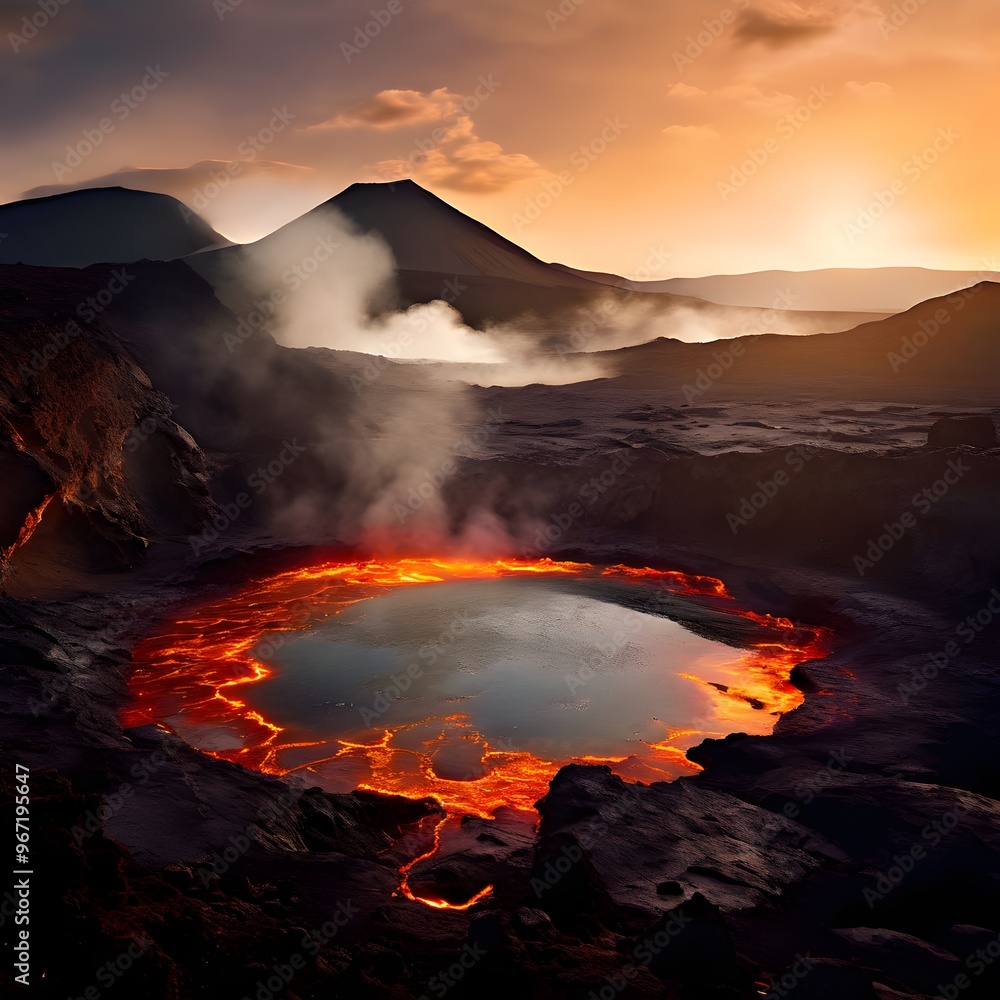 Volcanic Crater with Hot Spring Lake, volcanic crater, hot spring lake, steaming water, geothermal crater, volcanic terrain, natural wonder, steam bursts, geological feature Volcanic Crater with Hot Spring Lake, volcanic crater, hot spring lake, steaming water, geothermal crater, volcanic terrain, natural wonder, steam bursts, geological feature