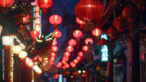 Traditional Chinese Lanterns Glowing in a Dark Alley