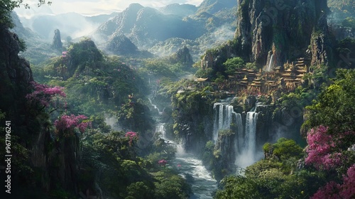 Wukong celebrating with his monkey followers in the Flower Fruit Mountain, surrounded by lush greenery and waterfalls