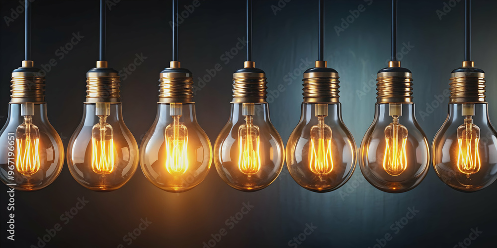 Obraz premium Row of glowing light bulbs on dark background, light bulbs, glowing, row, dark background, illumination, electricity