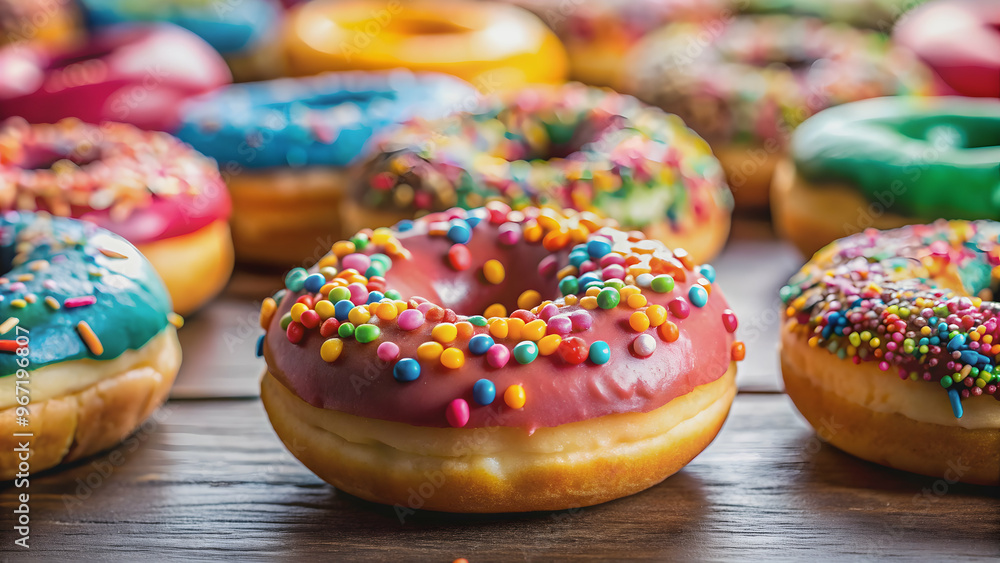 A close-up shot of a hand picking up a colorful sprinkle donut with a small donut pick, dessert, snack, sweet A close-up shot of a hand picking up a colorful sprinkle donut with a small donut pick, dessert, snack, sweet