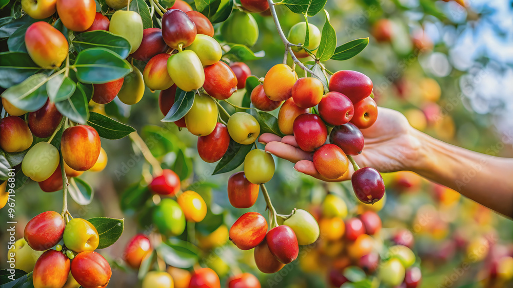Obraz premium Close up of colorful jujube fruits being picked from a tree, jujube, fruit, colorful, harvest, pick, tree, organic, fresh, ripe