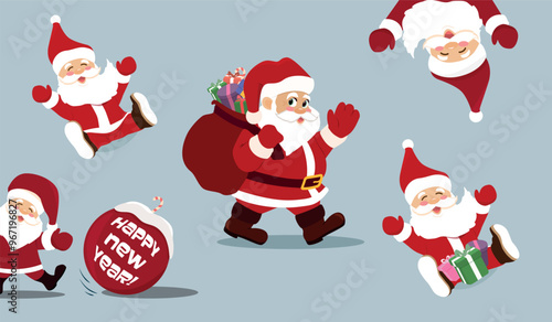 Set of vector Santa Claus. Cartoon Santa peeking out from above, Claus and a large Christmas ball with a Happy New Year sign, Santa with open arms and gifts, Santa greeting and carrying a bag of gifts
